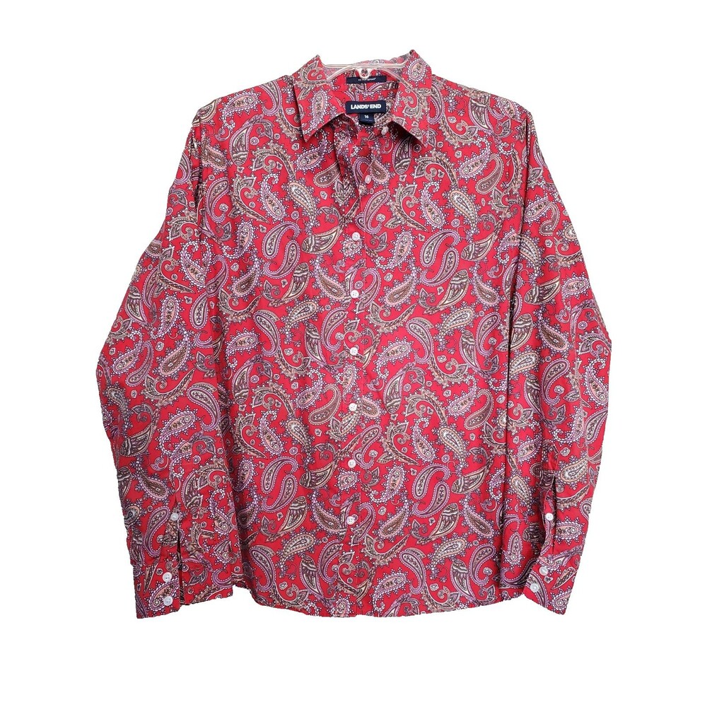 Lands' End Women’s No Iron Supima Cotton Red Paisley Long Sleeve Button-Up Sz 16